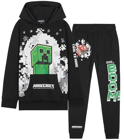 Minecraft Jungen Trainingsanzug Set, bequemer Jogginganzug mit Pullover & Hose (Schwarz/Grün, 9-10 Jahre)