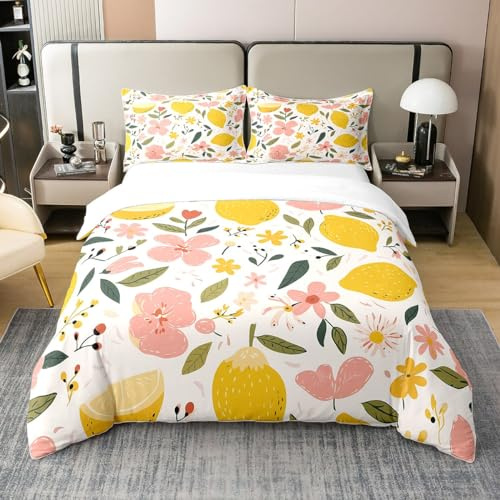 Homewish Baumwolle Zitrone Tröster Bezug 135x200 Sommer Zitrone Leichte | Bettbezug Tropische Früchte Bettwäsche Set Raumdekoration Blätter Blumenbett Set Dekor mit 1 Kissenbezug
