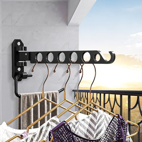 HEKOBAG Wäscheständer, Wand Kleiderständer Klapphaken Kleiderstange Kohlenstoffstahl 90° Drehbar Kleiderständer Wandmontage Kleiderhaken für Badezimmer Schlafzimmer Hotel Waschküche (Mit Hakenstange)