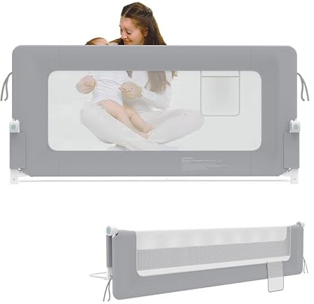 AufuN Bettgitter Bettschuztgitter Portable 150cm, Faltbar Kinderbettgitter für Kinder Babybettgitter Klappbar, Tragbar, Rausfallschutz Bett für Babys und Kinder im Elternbett, Grau