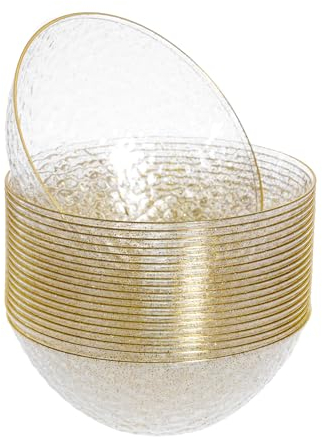 STACKABLES 20 Pack - Wedding Glittered Gold hamarred Plastic Plates with Gold Rim - 16oz Party Bowls - Reusable Lightweight Party Plates
