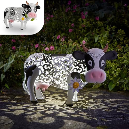 Tuzsocr Milchkuh Deko mit Solarlampe Gartenfiguren, Milchkuh Gartendeko Solar mit Schatteneffekt,Farbwechselnde LED-Leuchten, Metall-Kuh-Gartenstatuen Deko Draußen, Rasen, Hof, Terrasse, Fensterbank