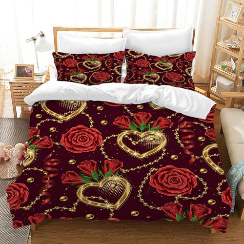 Hoimlm Parure de lit 3D en Microfibre 3D avec taies d'oreiller - pour Adulte et Enfant - Housse de Couette pour Chambre à Coucher - Doux et Confortable (Rouge Foncé/Rose, 135 x 200 cm)