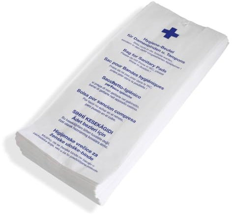 Hygienebeutel, Papier, Weiß mit Druck, zu 100 Stück gefädelt, 12x6x28 cm, 1000 Stück