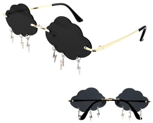 FERCAISH Lustige Wolke Sonnenbrille, Blitz Quaste Sunglasses, Unregelmäßige Disco Brille, Randlose Vintage Sonnenbrille, für Frauen Männer Festival Party Strand (Schwarz)