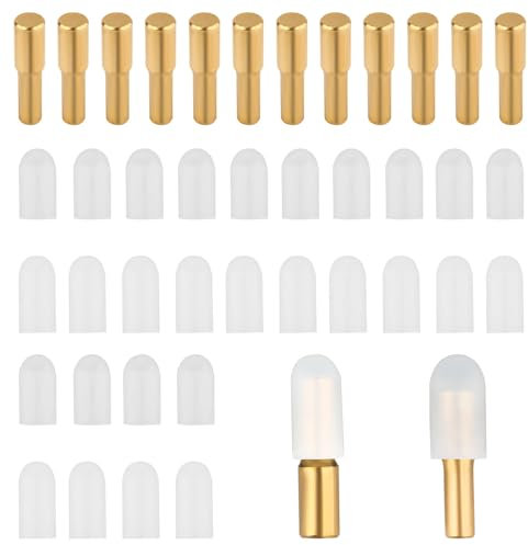 12 Stk Regalstifte, Messing Regalstützstifte mit 28 Rutschfesten Silikonabdeckungen Bücherregal Regalstifte Schrankregalstifte für Bücherregale Holz Glas Bretter