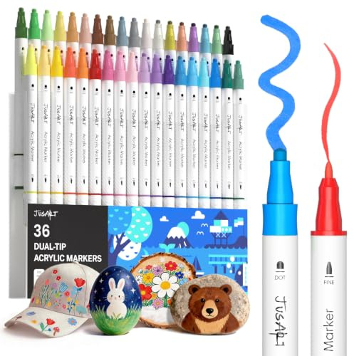 JusArt Acrylstifte für Steine Wasserfest 36 Farben Acryl Marker mit Punkt und Feinspitze für Steine Malerei, Keramik, Glas, Holz, Leinwand, Ostereier,Lebendiges Kunstzubehör für Kinder, Künstler