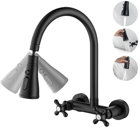 BAITUJIE Grifo Cocina Pared Negro, Griferia de Fregadero en la Pared Giratorio a 360° Grifo Cocina Aireador Extraíble, Agua Fría y Caliente con Rociador de 3 Funciones (27cm)