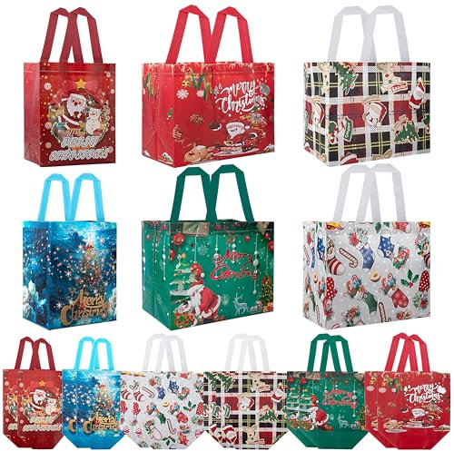 Jesustree Geschenktaschen Weihnachten, 12 Stück Wiederverwendbare Weihnachts-Einkaufstasche, Süßigkeiten Weihnachtstaschen mit Griffen für Weihnachten, Geschenk, Party
