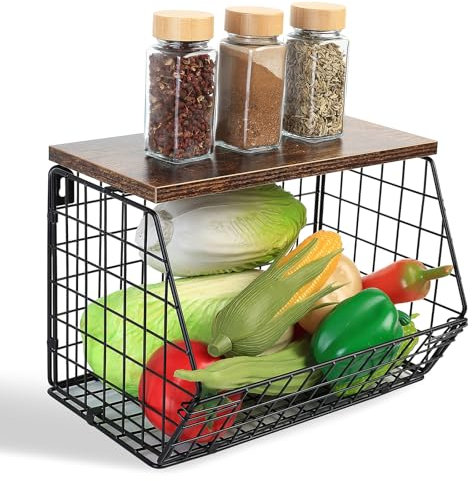 Black Fruit Bowls, Fruit Basket with Banana Hanger, Hanging Fruit Baskets for Kitchens, Mesh Fruit Bowl for Kitchen Counter, Stackable Wall Vegetable Bowls for Bread Onion and Potato Storage Basket
