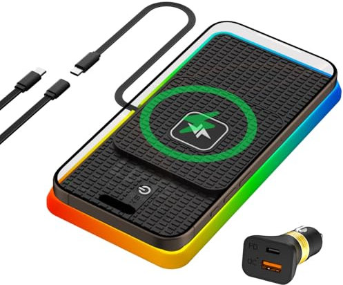 Wireless Car Chaging Pad RGB, Polmxs 15W Fast Wireless Car Charger LED Non Slip Mat with 30CM Cable + 70CM Extension Compatible with iPhone 16 15 14 13 12 Pro, Airpods Samsung Galaxy Google