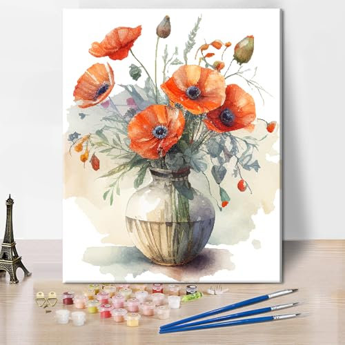 TISHIRON Flowers in a Vase Paint by Numbers for Adults Beginners Blooming Poppy Paint by Number Kits,Watercolor DIY Paint by Numbers Kits on Canvas Artwork for Adults,40x50cm