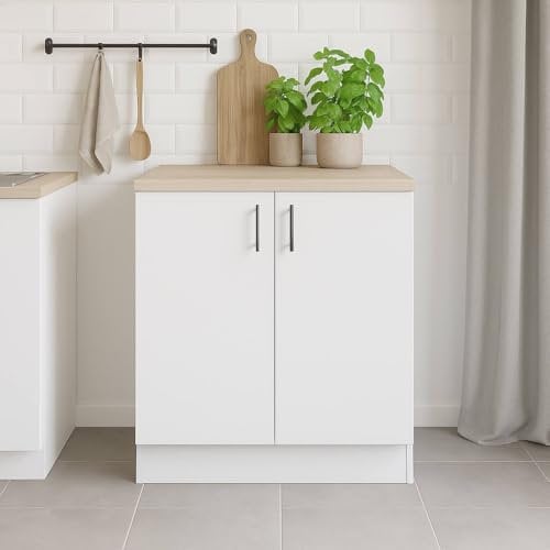 Mobile per lavello 2 ante Deruta, Base sottolavello, Mobile lavello con ante, Struttura base per lavello, 80x60 h90 cm, Bianco e Rovere