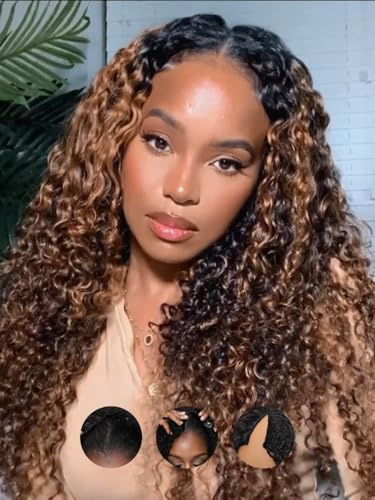 4/27 Echthaar Perücke Ombre Hight Light Brown Kinky Curly V Part Human Hair Wig für Frauen - Culy Half Wig None Lace Front - Upgrade U Part Wig Brazilian Human Hair - Beginner Friendly 18 Zoll