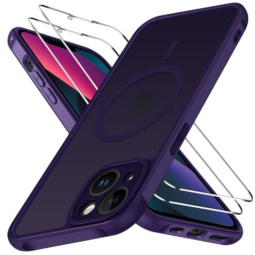 ivoler 3-in-1 Magnetic Case for iPhone 13 with 2 Pack Screen Protector,Compatible with MagSafe,Shockproof Cover,Slim Translucent Matte-Dark Purple