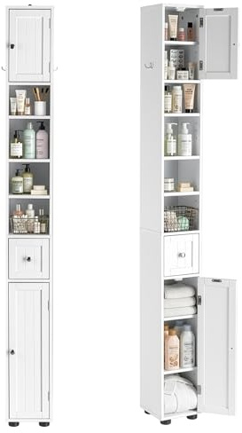 LEADZM Badezimmerschrank schmaler, Badschrank hoch | Lagerschrank Aufbewahrungsschrank, mit verstellbaren Ablagen, Schublade, offenen Fächern für Badezimmer Wohnzimmer, 20 x 20 x