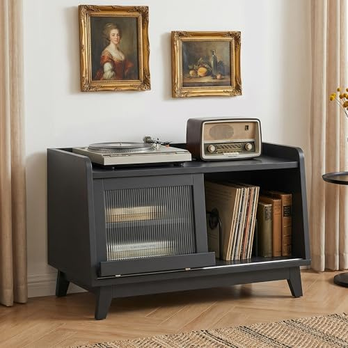 Feonase Plattenspieler Regal mit Steckdose und Glasschiebetür, Holz Plattenspielertisch für über 200 Schallplatten, offener Stauraum, ideal für das Wohnzimmer (Black)