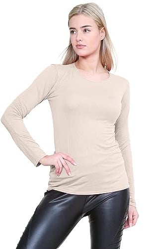 janisramone® Long Sleeve T Shirts Women, Plain Round Neck Breathable Basic Summer Tops for Women UK, Stretchy Slim Fitted Going Out Tops Stone