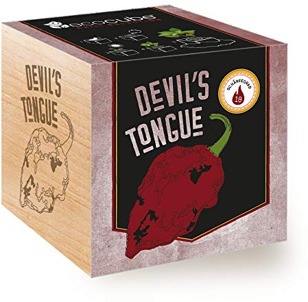 Feel Green Ecocube Devil's Tongue, Schärfegrad: 10, Scoville: 125.000-325.000, Nachhaltige Geschenkidee (100% Eco Friendly), Grow Your Own/Anzuchtset, Pflanzen Im Holzwürfel, Made in Austria