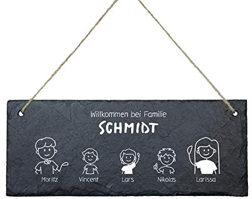 Geschenke 24 Schiefertafel Willkommen im Comic Stil (5 Figuren) - Türschild Familie Eingangstür Haustür - Schiefertafel mit Gravur - Schieferplatte personalisiert, Wanddeko