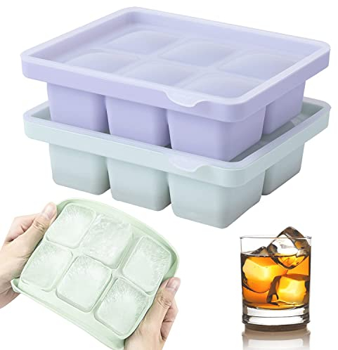 Theone 2Pcs Ice Cube Tray, Easy-Release Silicone Large Ice Moulds with Removeable Lids, Perfect for Chilled Drinks, Freezer, Baby Food, Whiskey and Cocktail, LFGB Certified and BPA Free
