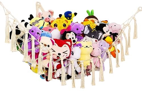 MAKEONEWO Teddy Hammock Toy Storage Net Macrame Hanging Corner Mesh Plushies Holder Toy Organizer for Nursery Kidroom Playroom, Cream