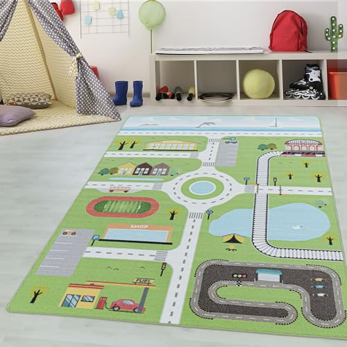 Kinderteppiche für Kinder Straßenteppich Spielteppich Waschbar Weich rutschfest Lernen und Spielen Jungen & Mädchen Teppich für Kinderzimmer Babyzimmer Teppich Farbe: Grün, Grösse: 100 x 150 cm