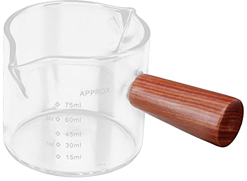 1 Stück Milchkrug Aus Glas, Espressotasse Mit Holzgriff, Hohes Borosilikatglas, Transparent, Espresso Schnapsglas 75ML, Unzen Messbecher Mit Skala Küche Glas Messbecher