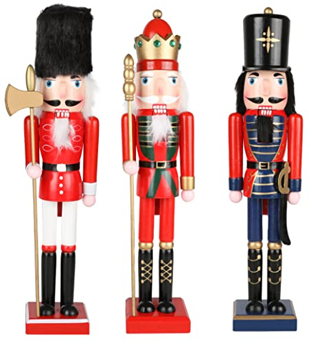 I LOVE FANCY DRESS Christmas Nutcracker Soldier Decorations - Set of 3 - Busby Guard - King With Sceptre - Guard With Sword - 38cm/15” - Wooden Display Set - Festive Decorations