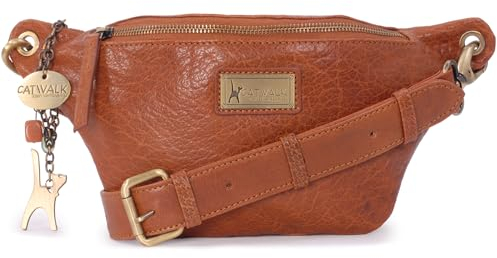 Catwalk Collection Handbags - Damen Mode Hüfttasche - Bauchtasche Mittelgroß - Bubble Leder - Gürteltasche mit Verstellbarer Gurt - Ariana - Hellbraun