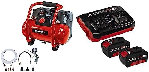 Einhell Compresseur sans fil TE-AC 36/6/8 Li OF Set Power X-Change (li-ion 18 V, 8 bar maximum, réservoir de 6 litres, moteur sans huile, avec accessoires) avec Twincharger et 2 Batteries 4,0Ah