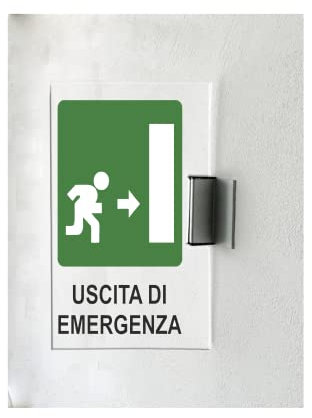 CARTELLO IN PLEXIGLASS A BANDIERA SEGNALETICO - USCITA D'EMERGENZA DESTRA - Con Supporto in alluminio & Stampa U.V. (15X21 CM)