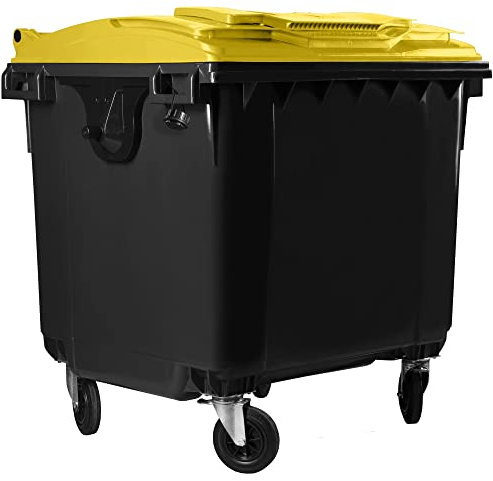Hardwex Müllcontainer mit 4 Rädern mit Flachdeckel, Deckel im Deckel, Müllgroßbehälter, Abfalltonne, Mülltonne, Volumen: 1 100 Liter, Grau/Gelb, Größe: 1 344 x 1 370 x 1 070 mm