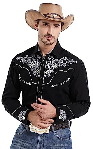 EL PIONERO Herren-Westernhemd mit Langen Ärmeln, Bestickt, Cowboy-Freizeithemden mit Druckknöpfen, Schwarz