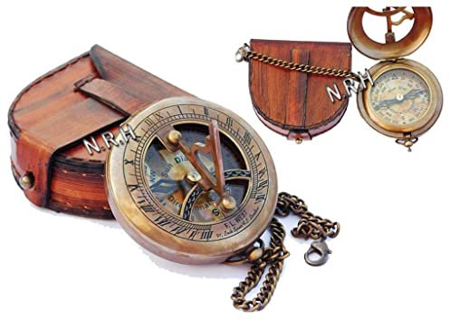 Vintage Sonnenuhr Kompass mit Ledertasche & Kette/Messing Kompass/Geschenk für Ihn/Gravierter Kompass/Sonnenuhr Push Kompass für Camping, Wandern, Touren