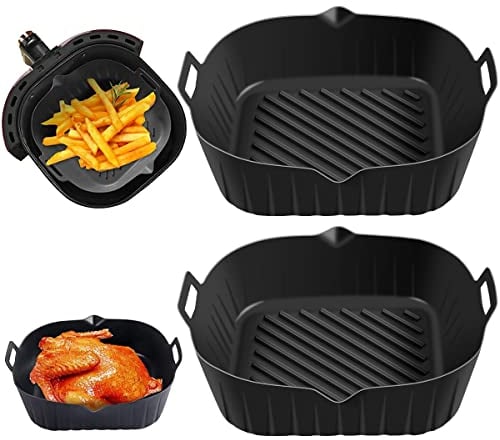 2Pcs Square Silicone Air Fryer Liners with Handle, 7inch Food-Grade Silicone Air Fryers Basket Reusable Heat Resistant Air Fryer Pot Replacement of Parchment Paper Liners for Air Fryer Oven Microwave