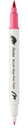 Pentel SESW30C-T119E Brush Sign Pen Twin Fibre-Tip Pen with Two Flexible Writing Tips, Water-Based Ink, Carmine Red, Pack of 1, Green
