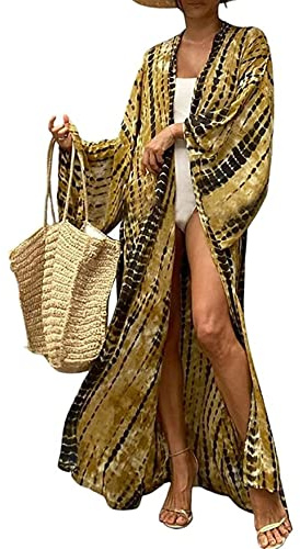 HYUET strandplagg för dam, elegant lång kimono med batikmönster dam sommar strandklänning bikini överdrag cardigan lång ärm bohemisk kaftan tunika topp för semester