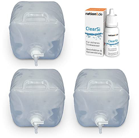 ration1 Wasseraufbereitung & Lagerung, 3X 10 Liter BPA-freier Faltbarer Wasserkanister mit Hahn, ration1 ClearSi, 30L Wasser lagern, desinfizieren & konservieren, im faltbaren Wasserbehälter