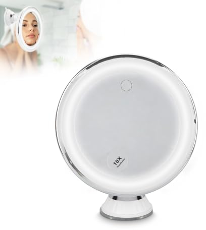 Specchio per Trucco,Specchio per Trucco Ingranditore a Ventosa, Specchio per Trucco con Luce, 10x con 3 Colori Chiari Specchio per Trucco Alimentato a Batteria, per Trucco Dettagliato, Cura della Pel