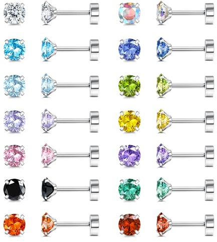 JeweBella 14 Paar Kleine Ohrstecker Chirurgenstahl für Damen Mädchen Geburtsstein Ohrstecker Set Hypoallergen Mehrfarbige Runde Zirkonia Ohrstecker Edelstahl Piercing Knorpel FlatBack Ohrringe