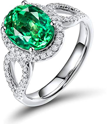 Lieson Frauen Ringe Weißgold 750 18K, Partnerringe Damen Luxus Oval Smaragd 2.5ct mit Diamant 0.37ct Verlobungsringe Weißgold Gr.49 (15.6)