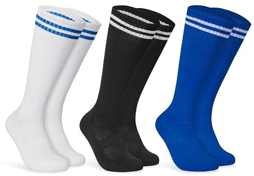 CityComfort Fußball Stutzen Kinder und Teenager Gr. 27-42, 3-12 Jahren- 3er Pack Fussball Socken Kinder in schwarz, blau und weiß (Mehrfarbig, 37-42 EU, 9-12 Jahre)