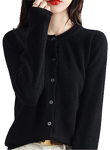 Women's Cashmere Cardigan Round Neck Sweater Spring Autumn Winter Long Sleeve Knitted Solid Color Soft Cardigan Sweater Black M