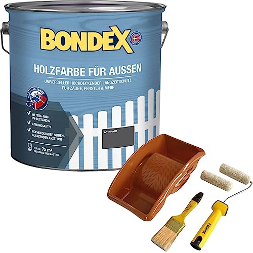 Bondex Holzfarbe für Außen 7,5 L Anthrazit | Aktionspaket mit Streichset | für ca. 75 m² | Wetter- & UV-beständig | atmungsaktiv | seidenglänzend