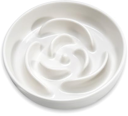 P-ZOONPE Ceramic Slow Feeder Dog Bowl for Medium Breed, 1.5 Cup Raised Pet Bowl for Fun Eating, White