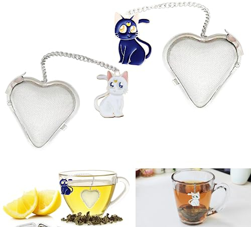 2 Stück Tee Sieb, herzförmige Edelstahl lose Blatt tee ei sieb, niedlichen Anhänger teeei Set (Schwarze Katze + Weiße Katze)