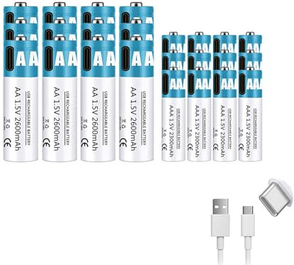 WILLQ AA+AAA Rechargeable Batteries 1.5V 2600mAh + 2300mAh Lithium Ion Battery High Output Rapid USB-C Charging(with Cable) for Toys/Keyboards,2600mAh+2300mAh,12pcs