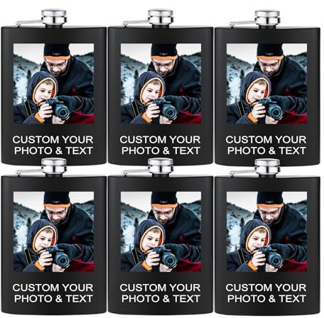 MeMeDIY Petaca Personalizado Regalos de Padrino de Boda para Boda Nombre Grabado Texto Símbolo/Imagen Caja de Regalo Opcional Petaca Personalizado de Acero Inoxidable de 6 a 8 Onzas Negro D - 6 Set