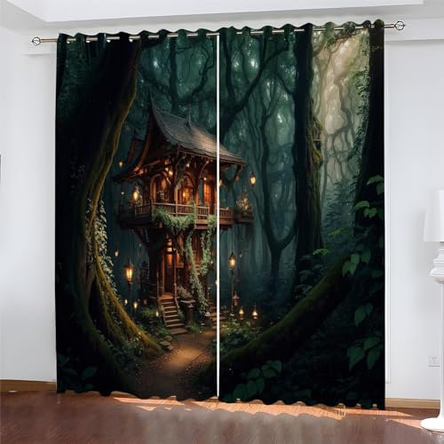 Blackout Curtains Green Treehouse Extra Long Curtains Blackout Curtains for Bedroom Eyelet Curtains for Teenagers, Adults, Office, Home, Classroom, 66W x 90L Inch 2 Panels